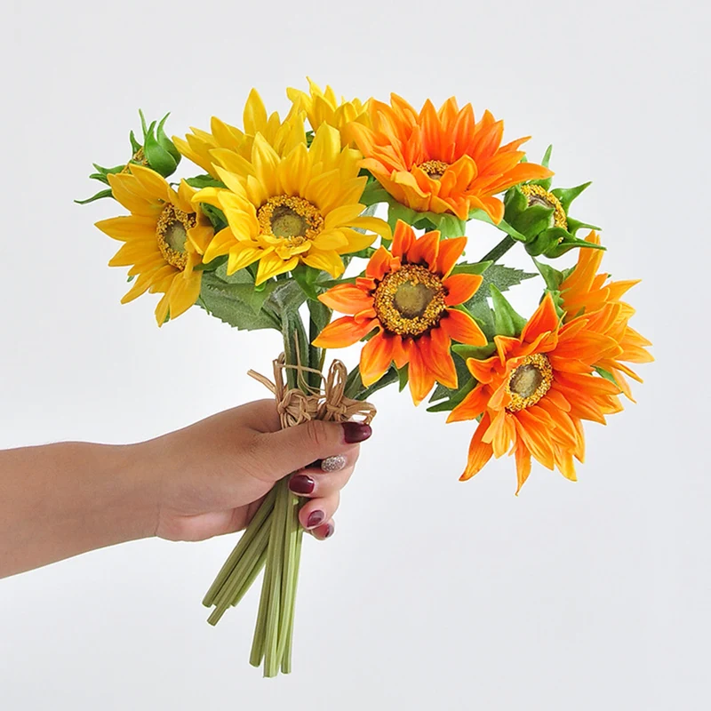 Real-Touch Künstliche Sonnenblumen – 5 Stück Set mit Knospe, 33 cm, als Tischdeko für Hochzeit & Herbst, wasserabweisend & UV-beständig
