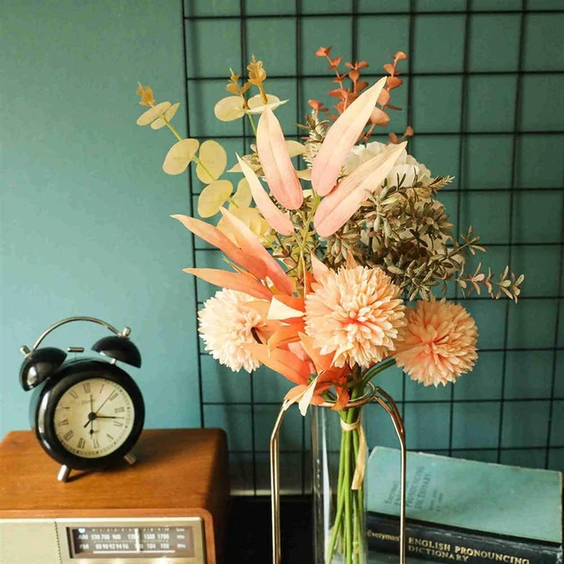 44cm Champagner Kunstblumen Künstliche Pflanzen Blumen Deko Hortensien Seide Blumenarrangements für Zuhause Blumenstrauß Hochzeit Garten Festival Dekor