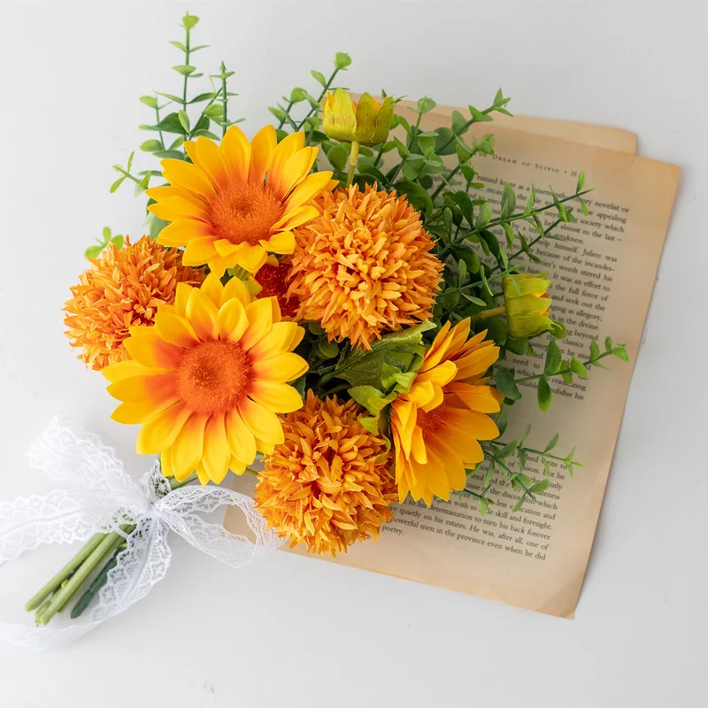 35cm Bukett aus Sonnenblumen, Chrysanthemen (Kugelform) und Eukalyptus Realistische Kunstblume für Blumenarrangements, Home Decor, Hochzeitsbuketen, DIY-Handwerksprojekte