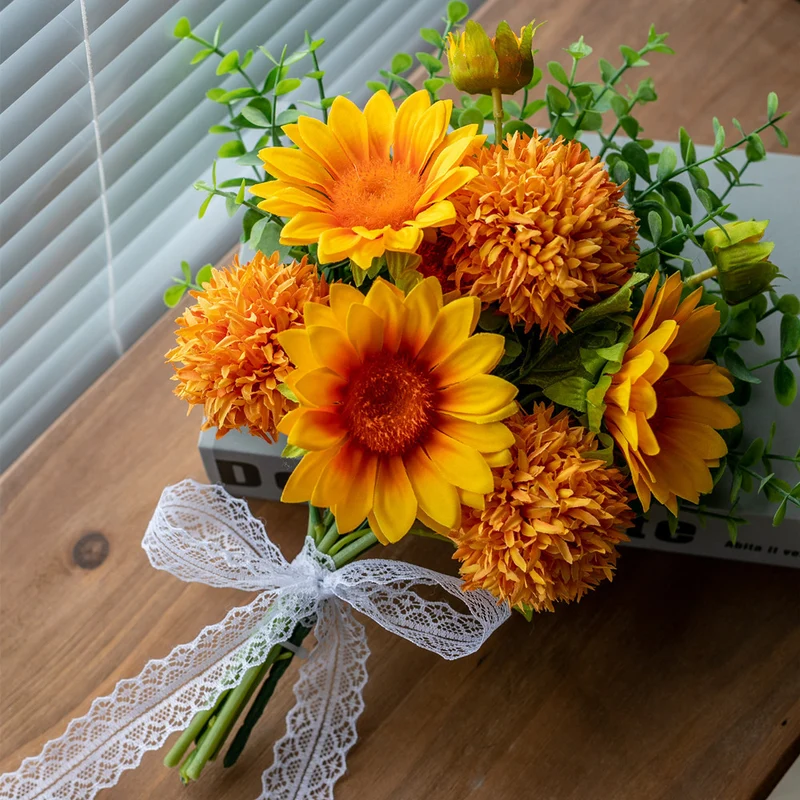 35cm Bukett aus Sonnenblumen, Chrysanthemen (Kugelform) und Eukalyptus Realistische Kunstblume für Blumenarrangements, Home Decor, Hochzeitsbuketen, DIY-Handwerksprojekte