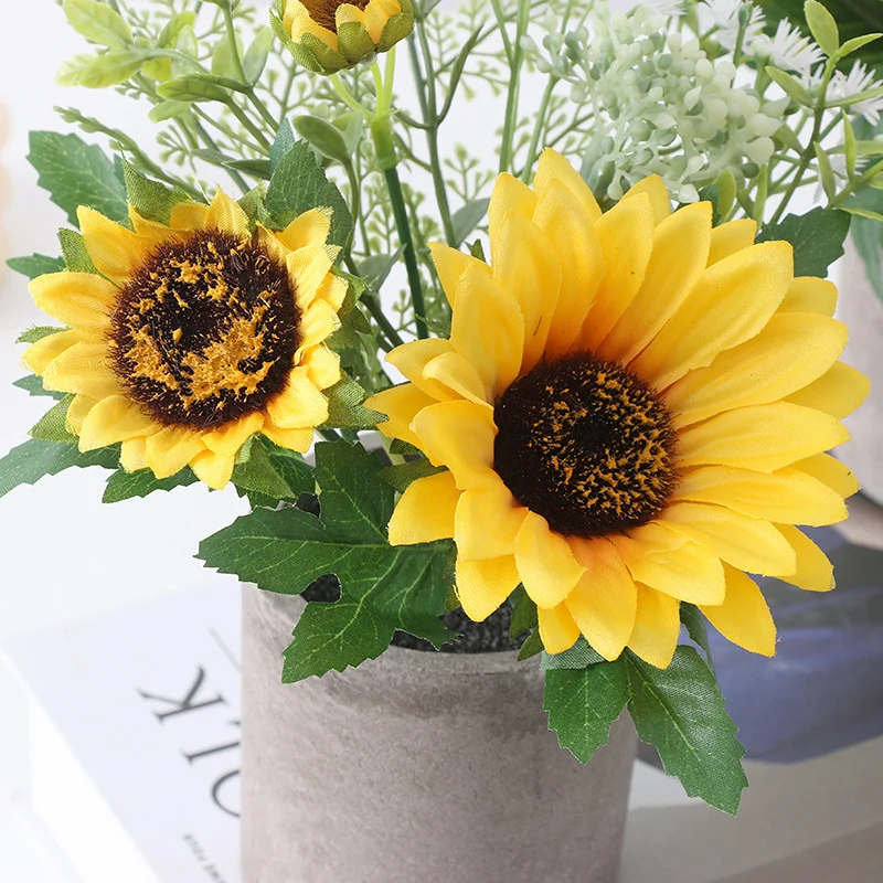25 cm künstliche Sonnenblumen im Topf – Gelbe Kunstblumen für Heim, Badezimmer, Küche