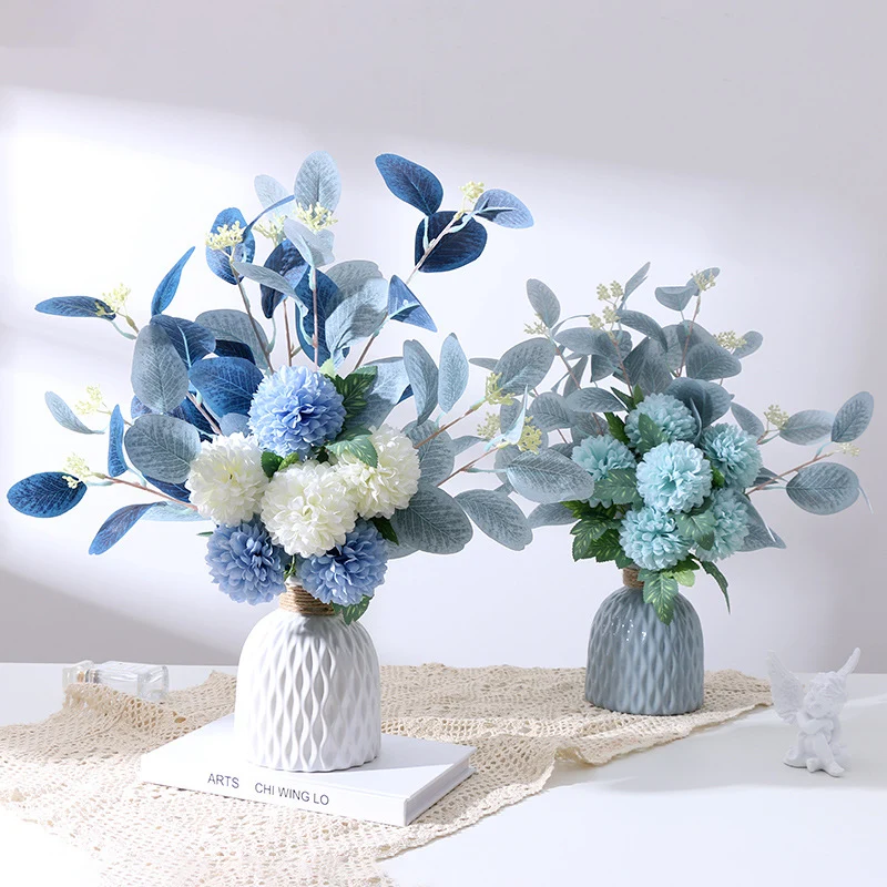 47 cm Künstlicher Blumenstrauß mit Ball Mums Mixed & Eukalyptus – Für Herbst-Winter-Dekoration