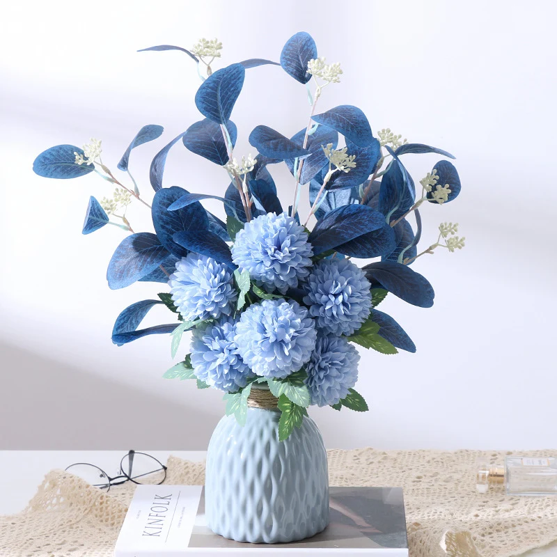 47 cm Künstlicher Blumenstrauß mit Ball Mums Mixed & Eukalyptus – Für Herbst-Winter-Dekoration