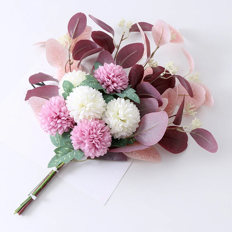 47 cm Künstlicher Blumenstrauß mit Ball Mums Mixed & Eukalyptus – Für Herbst-Winter-Dekoration