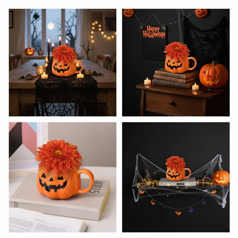 13 cm Künstliche Chrysanthemen in keramischer Kürbisvase Halloween Blumenarrangement