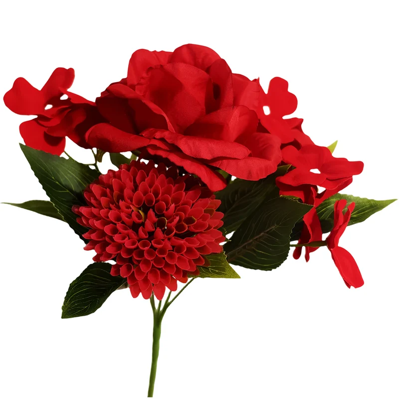 28 cm künstlicher roter Mischblumen-Strauchstrauß mit Rosen, Chrysanthemen und Impatiens