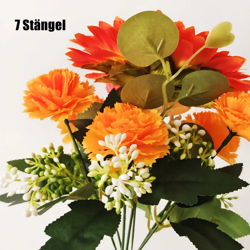30 cm 7 Stängel Orange Blumenstrauß (Strauchform) – Sonnenblume, Nelken & Orchidee zur Herbstdekoration