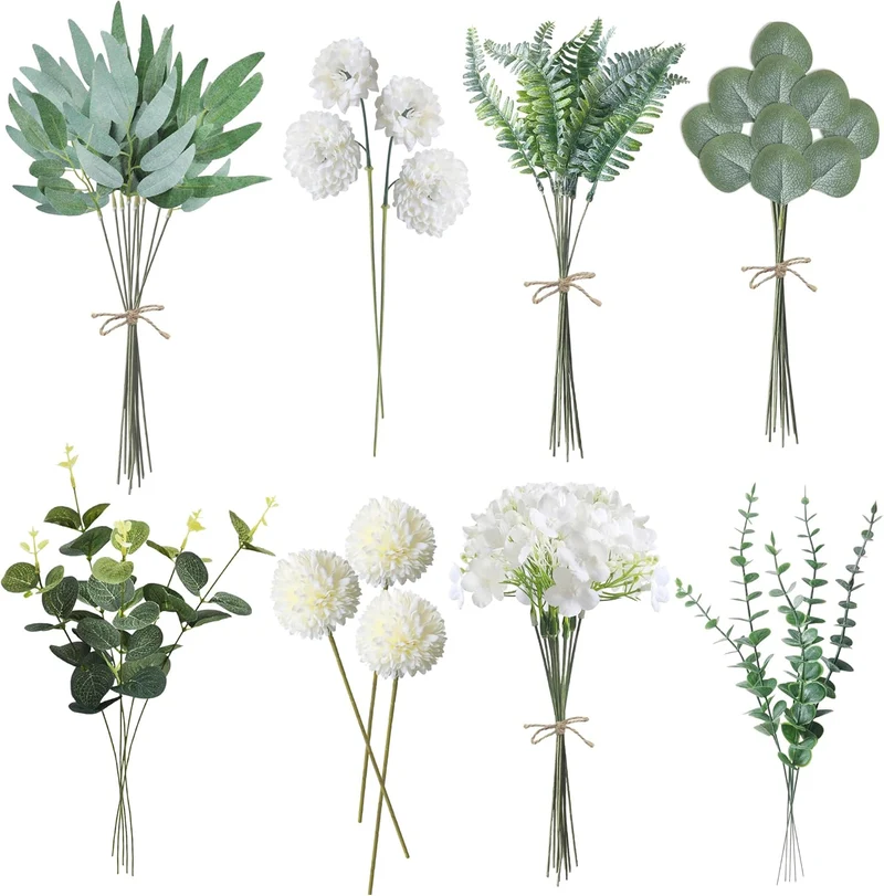 55 Stück Künstliche Zweige & Kunstblumen, Weiß Blumen Blätter Künstlich Dekozweige, Kunst Blumen Kunstblumenstrauss Eukalyptus Hortensien für DIY Blumenstrauß Brautstrauß Hochzeit