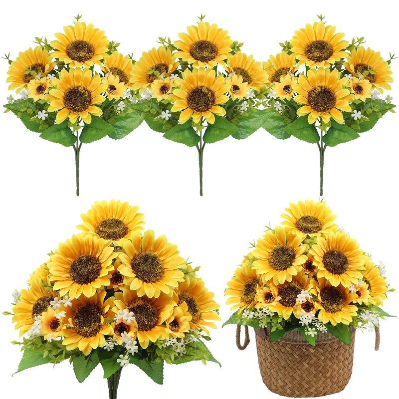 9 Bündel künstliche Sonnenblumen – UV-beständige künstliche Blumen für Zuhause, Vorhalle, Terrasse, Balkon, Garten, Hochzeit, Party und Büro