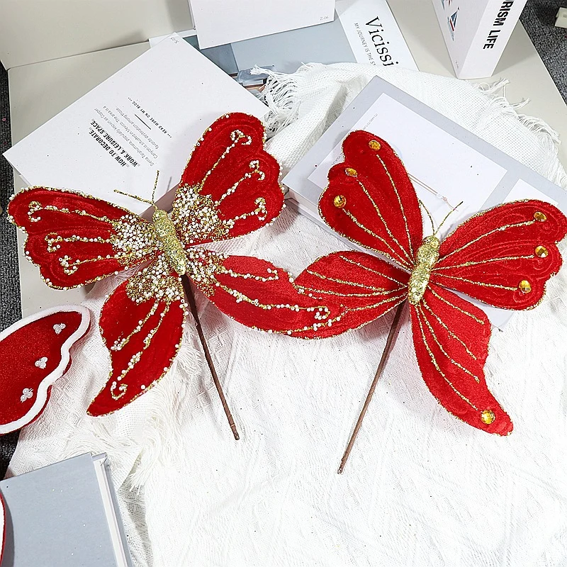 25 cm Glitzernde Weihnachts-Schmetterlingsstiele für Weihnachts- & Neujahrsdekoration – passend für Weihnachtsbäume & Kränze
