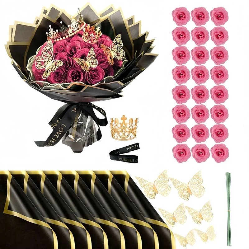 24 Glitzer-Rosen Brautstrauß mit Krone - Künstlicher Hochzeitsstrauß Gold/Silber für Braut