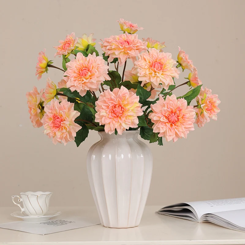 62 cm Künstliche einzelne Zweig-Dahlien mit zwei Blütenköpfen und feuchtem Griff