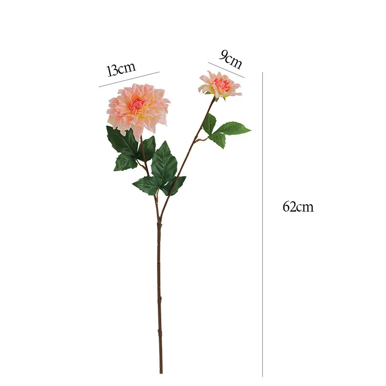 62 cm Künstliche einzelne Zweig-Dahlien mit zwei Blütenköpfen und feuchtem Griff