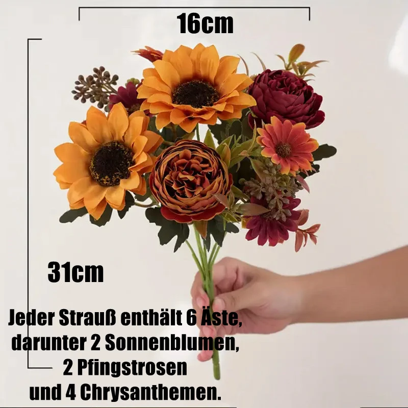 31 cm künstlicher Herbstton-Sonnenblumenstrauß mit Pfingstrosen und Margeriten