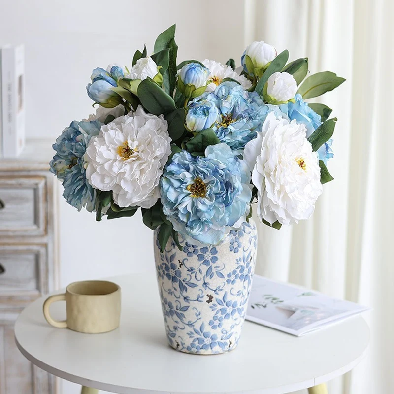 49 cm Künstliche Vintage-Blumen: Pfingstrosen mit gebrannter Ränderung