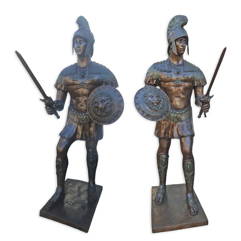 Casa Padrino Luxus Bronze Skulpturen Set Römische Legionäre Bronze / Grün 85 x H. 210 cm - Lebensgroße Bronzefiguren - Große Deko Skulpturen