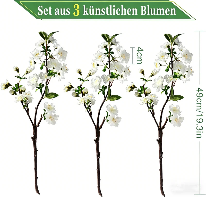 3er Set Künstliche Kirschblütenzweige (49 cm) – Frühlingsdeko für Zuhause & Sakura-Arrangements