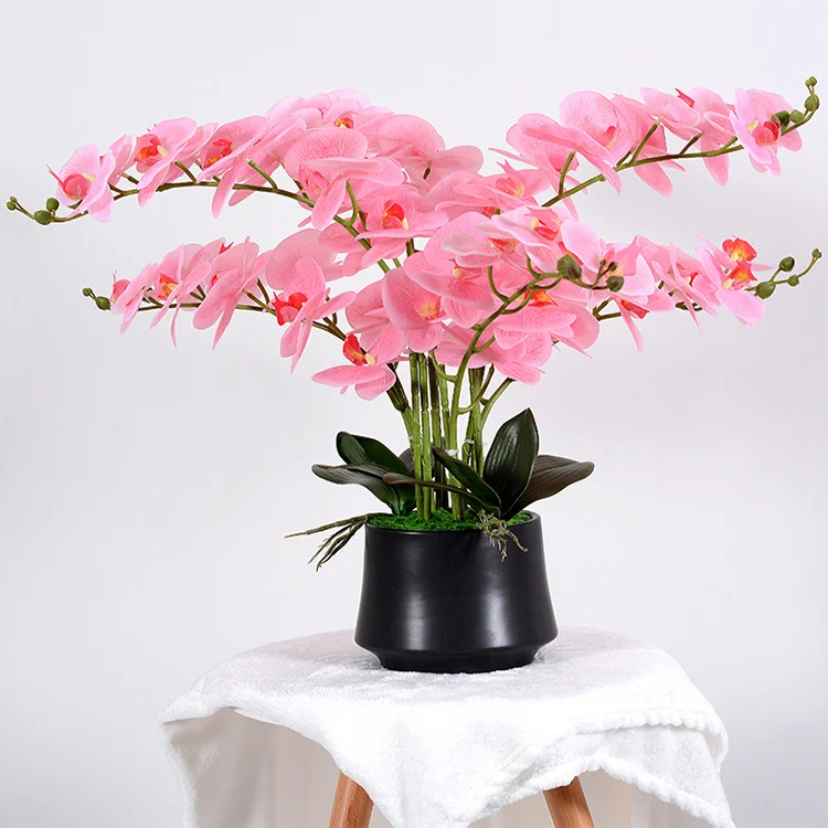 56cm Kunstblume Orchidee groß in Hochglanz-Keramiktopf Orchideen künstlich Kunstblumen wie echt künstliche Orchideen im Topf