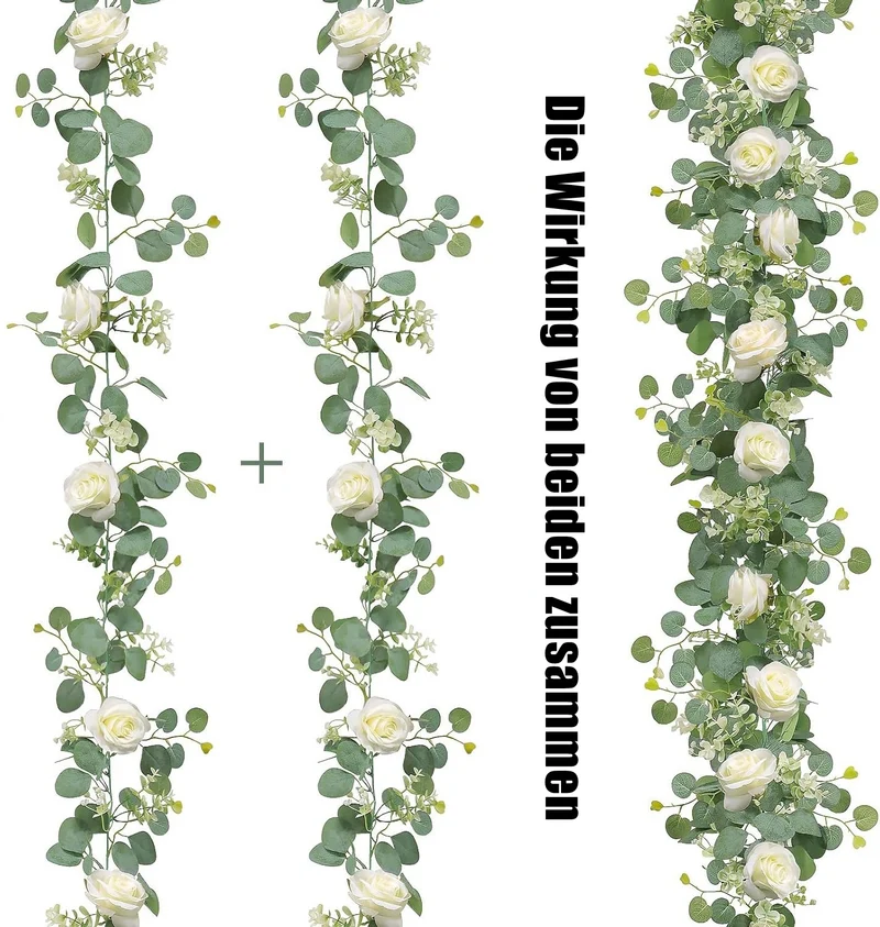 2PCS 1.7m Künstliche Blumengirlande Eukalyptus Girlande mit Pfingstrosen Künstlich Blumengirlande Deko Kunstblumen Seidenblumen Frühling Girlande für Outdoor Indoor Hochzeit