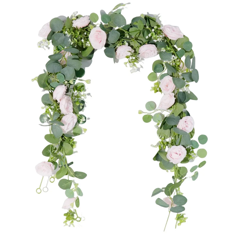 2PCS 1.7m Künstliche Blumengirlande Eukalyptus Girlande mit Pfingstrosen Künstlich Blumengirlande Deko Kunstblumen Seidenblumen Frühling Girlande für Outdoor Indoor Hochzeit