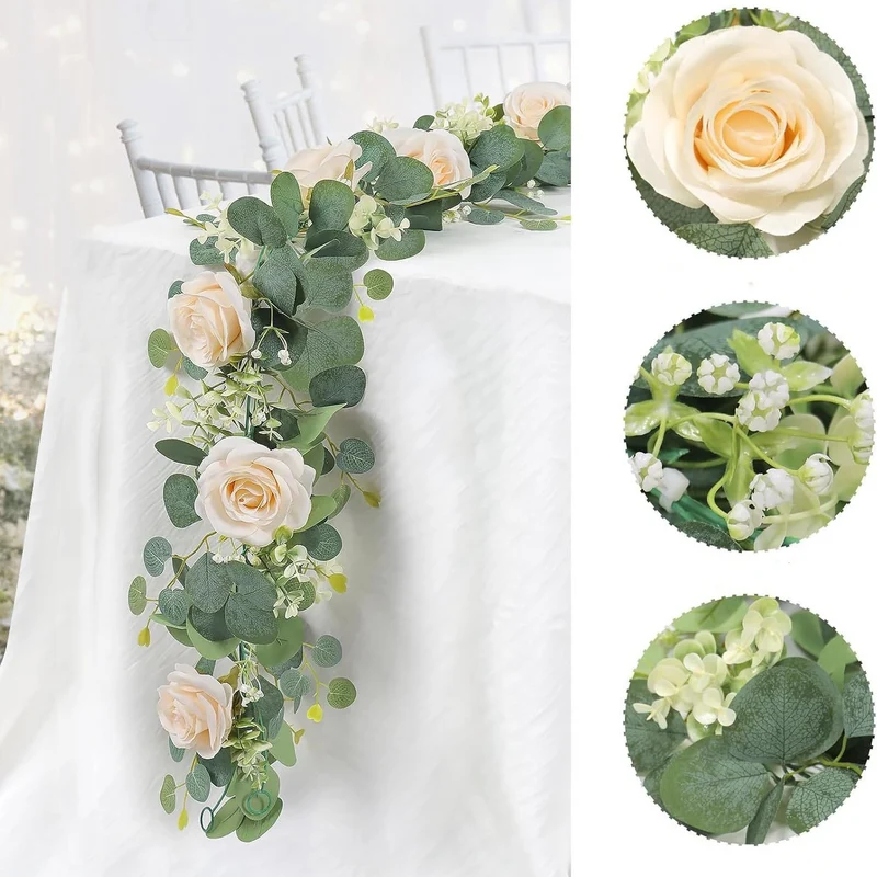 2PCS 1.7m Künstliche Blumengirlande Eukalyptus Girlande mit Pfingstrosen Künstlich Blumengirlande Deko Kunstblumen Seidenblumen Frühling Girlande für Outdoor Indoor Hochzeit