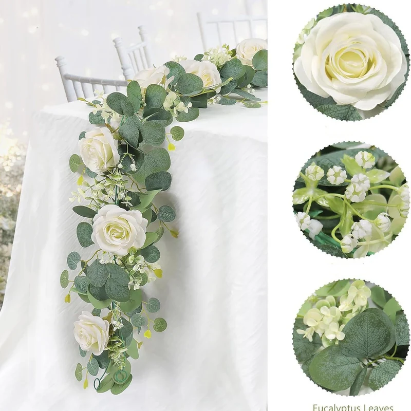 2PCS 1.7m Künstliche Blumengirlande Eukalyptus Girlande mit Pfingstrosen Künstlich Blumengirlande Deko Kunstblumen Seidenblumen Frühling Girlande für Outdoor Indoor Hochzeit