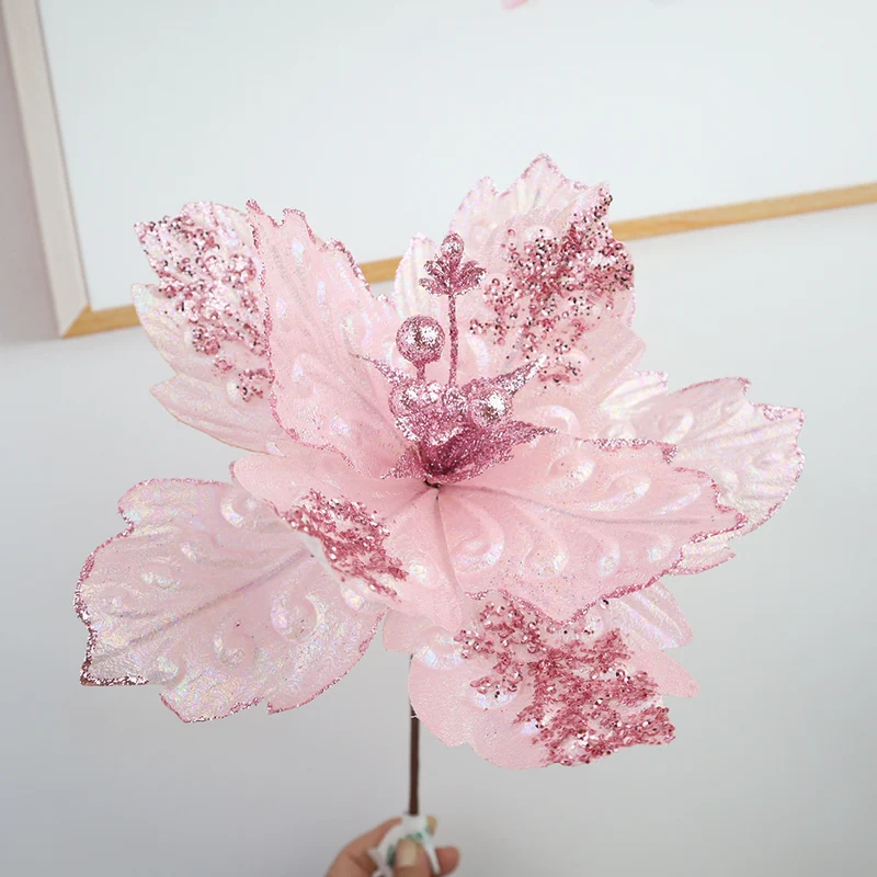 25 cm Künstliche Poinsettie Rosa mit Pailletten Weihnachtsbaumschmuck & Festliche Weihnachtsblumen