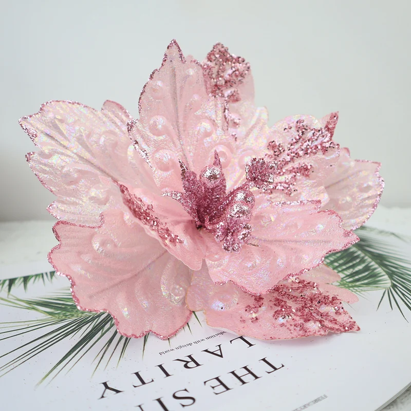 25 cm Künstliche Poinsettie Rosa mit Pailletten Weihnachtsbaumschmuck & Festliche Weihnachtsblumen