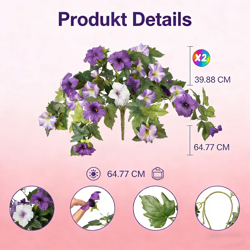2 Stück UV-beständige Kunststoff-Petunien Lila Echte Farbe Anti-UV Falsche Blumen für Außen Garten Balkon Terrasse Dekoration
