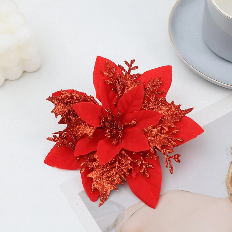 6 Stück 14 cm Weihnachtsdekoration: Glitzer & Poinsettienblüten – Ideal für Weihnachtsfestdekoration