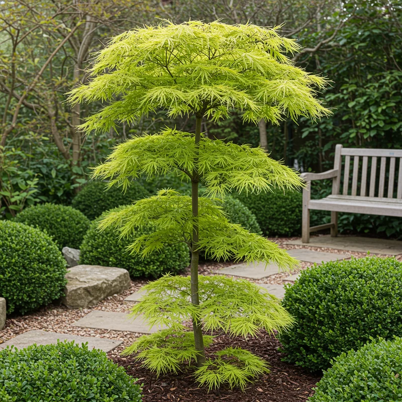 GreenboutiQ - Balkonpflanze - Japanischer Ahorn - Acer palmatum Koto-no-ito - Grün - 1 Pflanze - Laubabwerfend - Topf 19cm Höhe 70cm