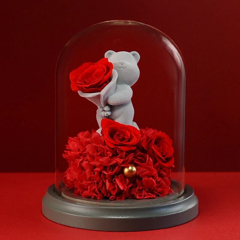 Rose im Glas Erhaltene Rose mit süßem Teddybär – Perfektes Valentinstagsgeschenk für Sie