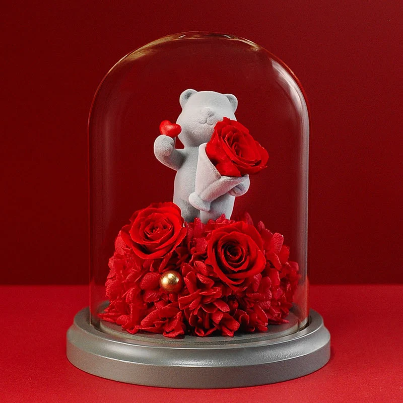 Rose im Glas Erhaltene Rose mit süßem Teddybär – Perfektes Valentinstagsgeschenk für Sie