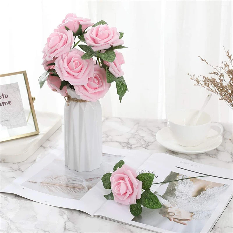 Blumenkasten-Schaum-PE-Rosen (25 Stück pro Packung) mit Stängel und Sockel - Simulationsblumen Ideal für DIY-Blumenarrangements, Hochzeitsdekoration und Partydekoration