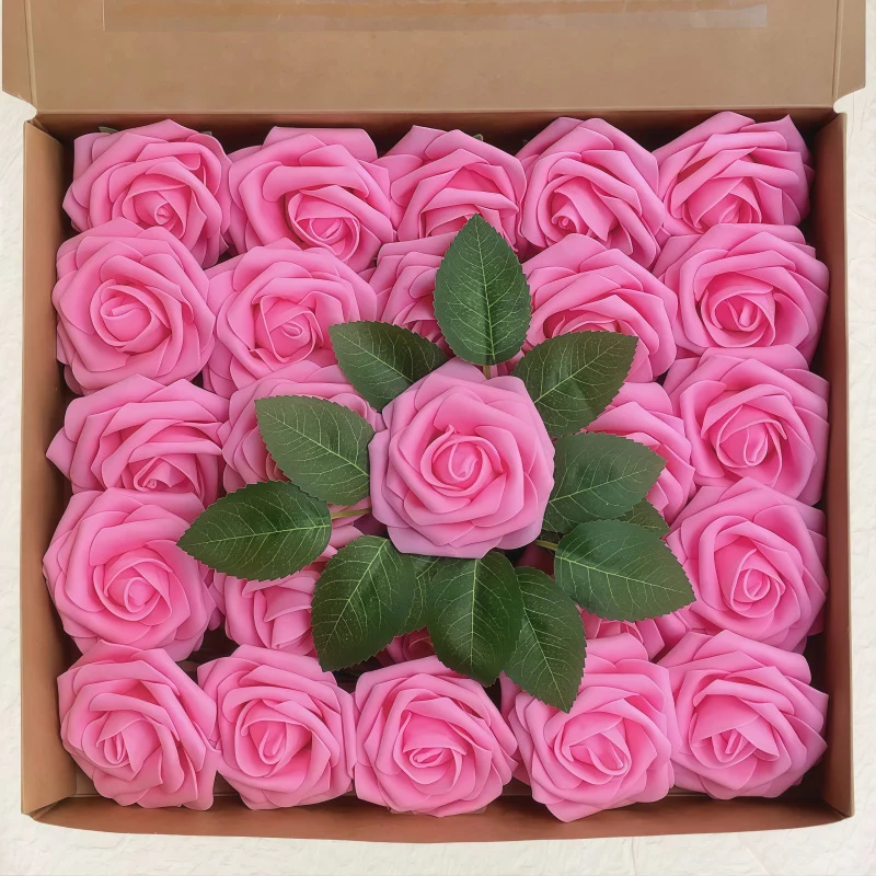 Blumenkasten-Schaum-PE-Rosen (25 Stück pro Packung) mit Stängel und Sockel - Simulationsblumen Ideal für DIY-Blumenarrangements, Hochzeitsdekoration und Partydekoration