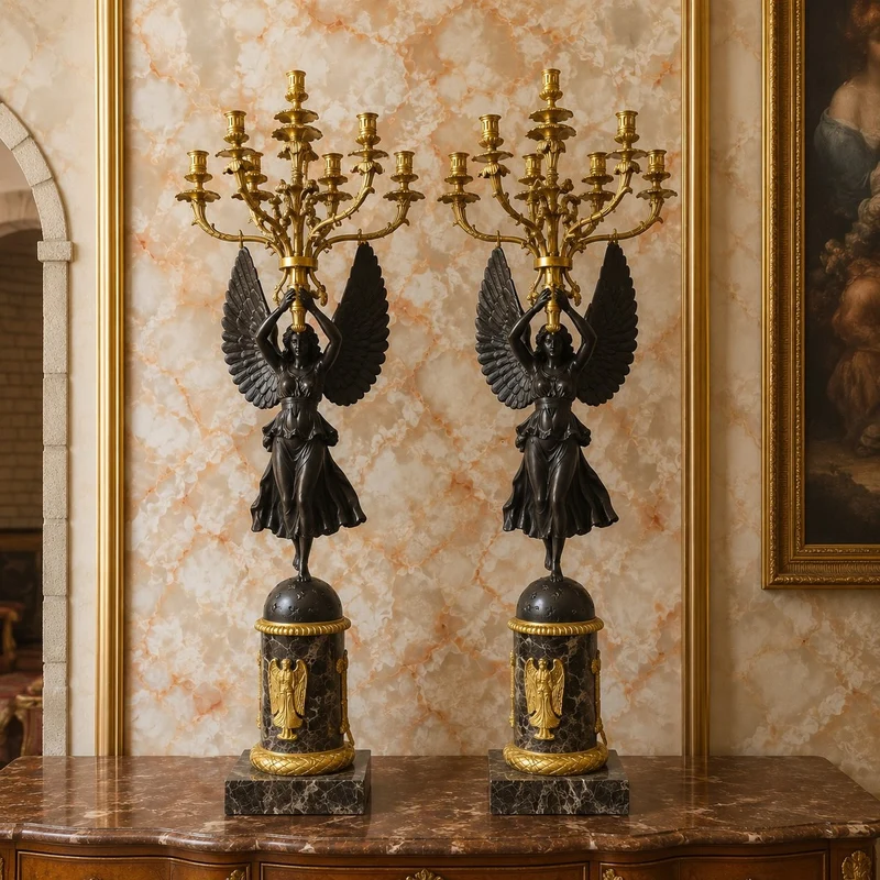 Casa Padrino Luxus Barock Kerzenleuchter Set Bronze / Gold H. 100 cm - Prunkvolle Bronze Kerzenleuchter mit geflügelten Frauenfiguren auf Marmorsockeln - Barock Deko Accessoires - Barock Interior - Edel & Prunkvoll