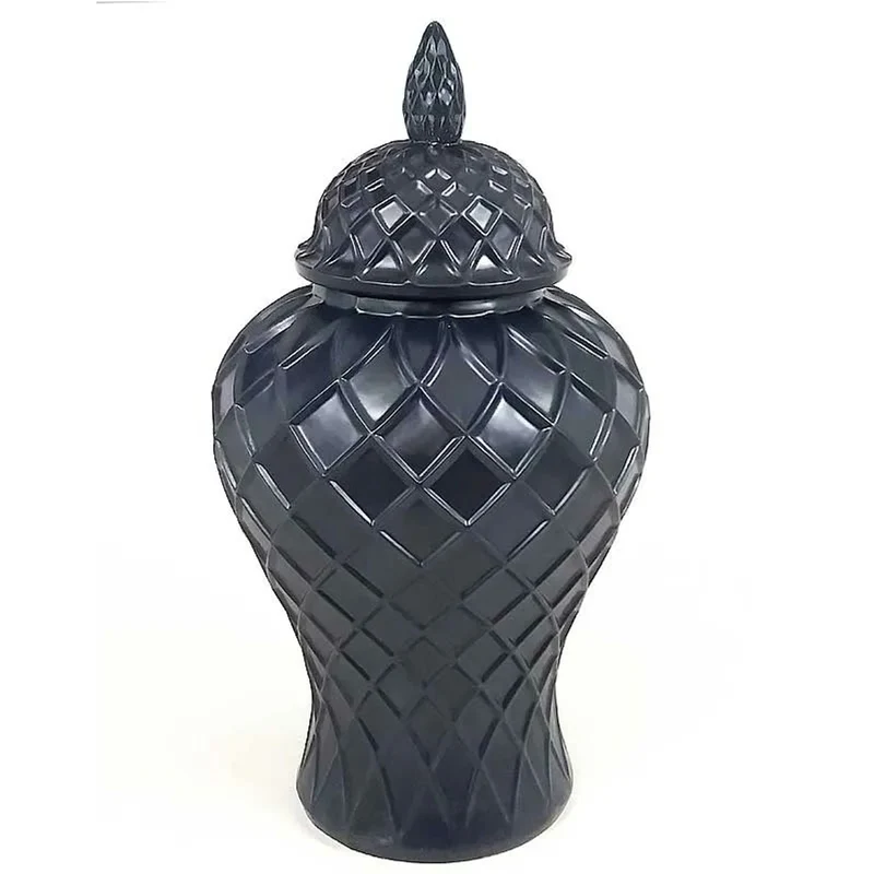 Casa Padrino Luxus Deko Vase Schwarz Ø 28 x H. 52 cm - Große Vase mit Deckel und Rautenrelief